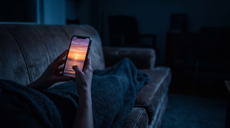 Two hands hold a phone on a sofa at night; the screen shows a sunset over the sea.