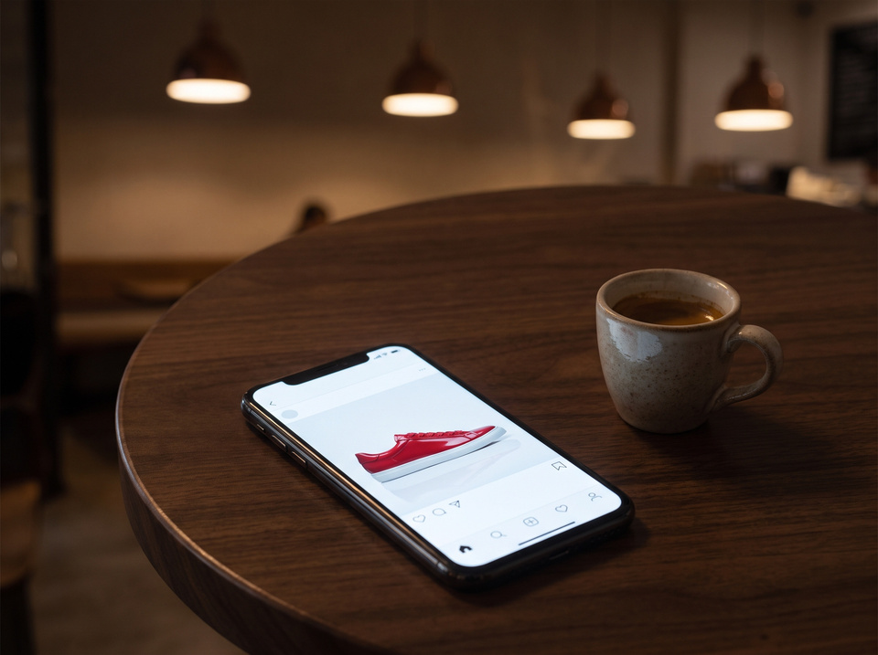 A phone lies on a café table beside an espresso cup, showing a red sneaker in a photo feed.