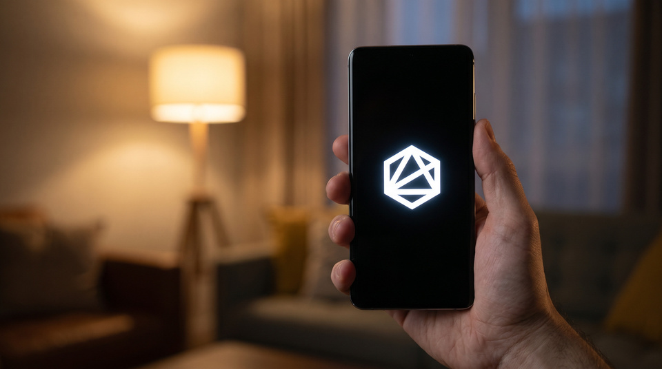 A hand holds a phone in a dim living room; on the screen a white geometric logo glows on black.
