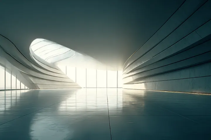 A curved concrete hall, wide and empty, with daylight breaking in at the far end.