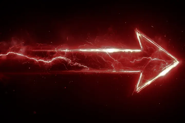 A red arrow drawn in light, with lightning arcing along it, on a black ground.