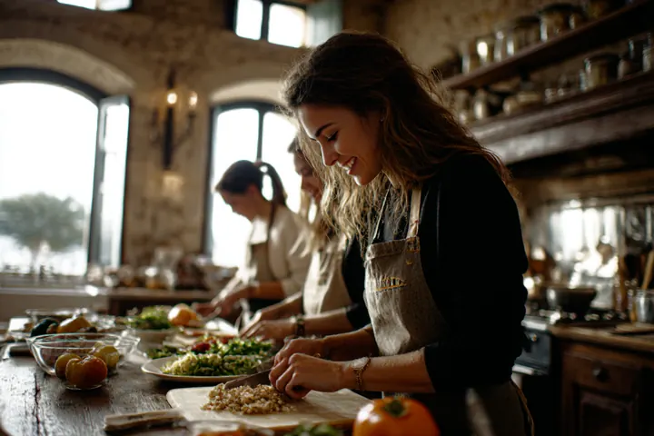 Three people preparing food together at a long table in a rustic kitchen.