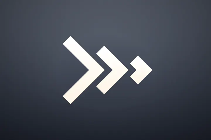 Three chevrons in white, pointing right, on a grey ground.